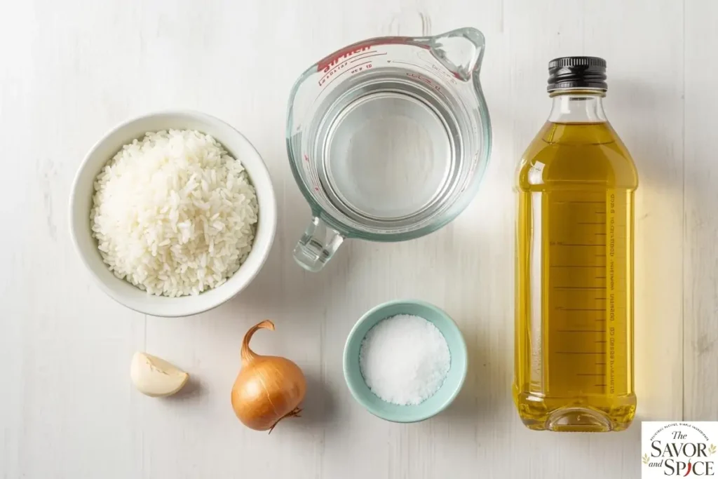 Ingredients for Como Hacer Arroz Blanco – rice, water, salt, and butter, ready for cooking