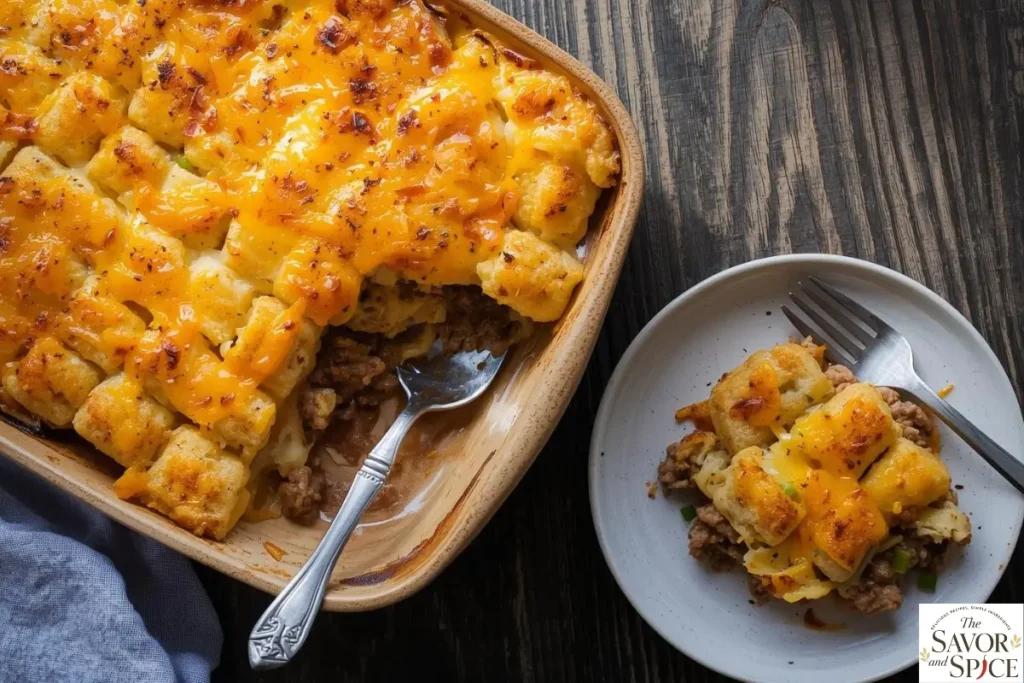 Cheesy, golden, and irresistible—our One-Pot Hamburger Tater Tot Casserole.