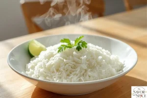 arroz blanco served in bowl- garnished with fresh coriander.