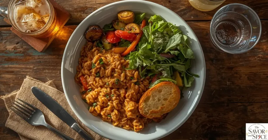Creamy Cajun Orzo served with green vegetables and drink.