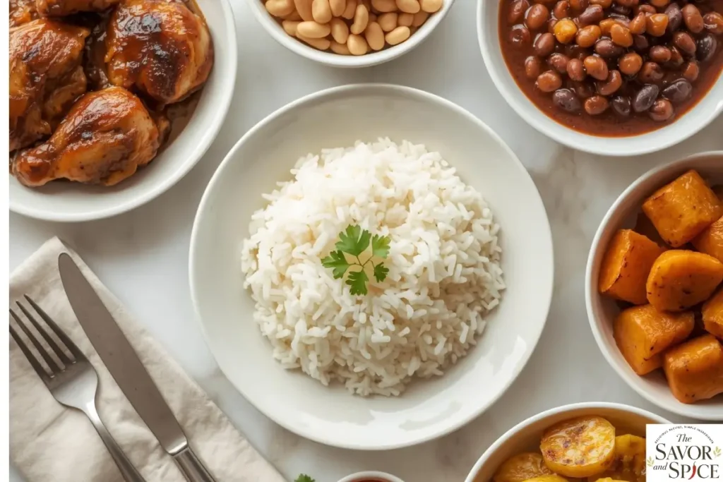 Como Hacer Arroz Blanco served with roasted potatoes and chicken – final plated meal
