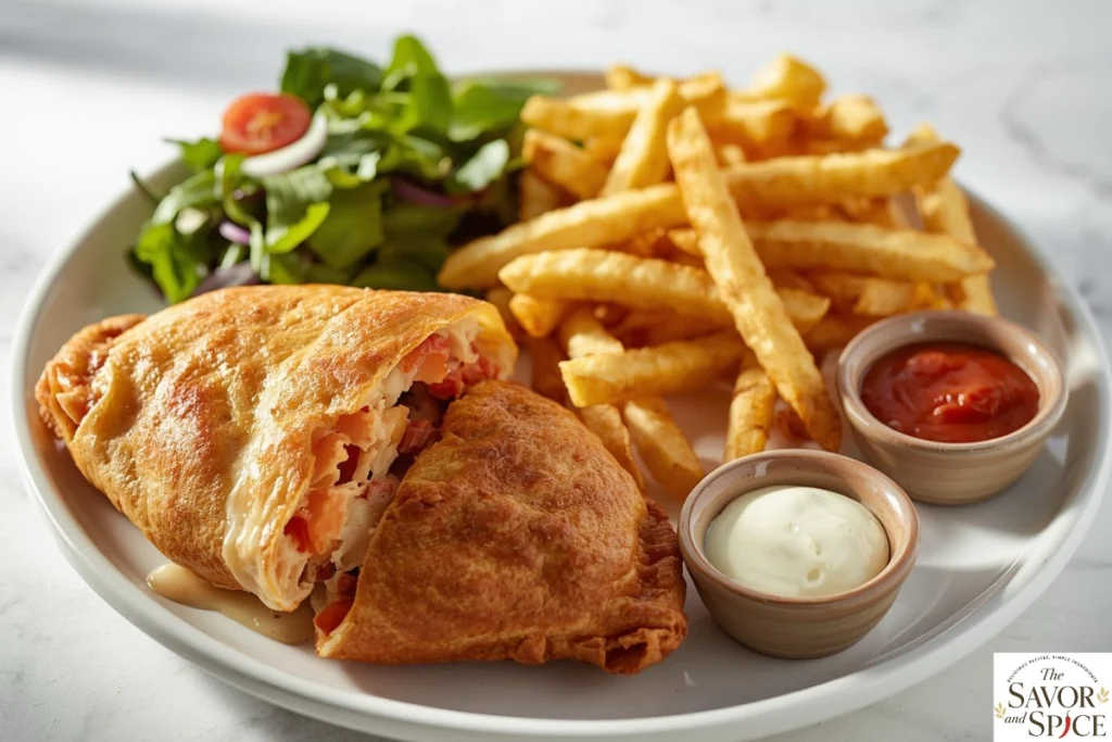 Chicken Bacon Ranch Calzone served with ranch dip and fresh salad and fries