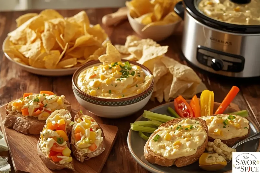 Creamy corn dip with cream cheese served in multiple ways: with tortilla chips, spread on toast, as a topping for baked potatoes or pasta, and alongside fresh veggie sticks.