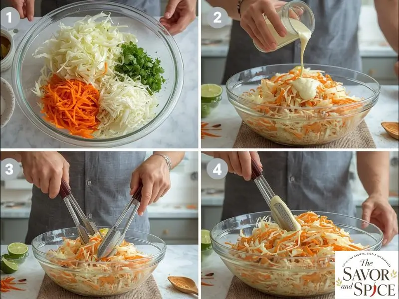 Tossing chopped vegetables with creamy dressing for Mexican Coleslaw Recipe.