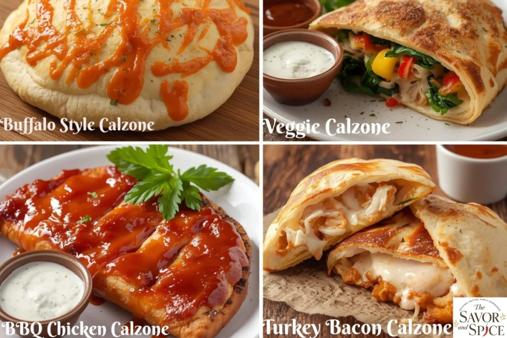 Chicken Bacon Ranch Calzone collage of Buffalo, Veggie, BBQ, and Turkey variations
