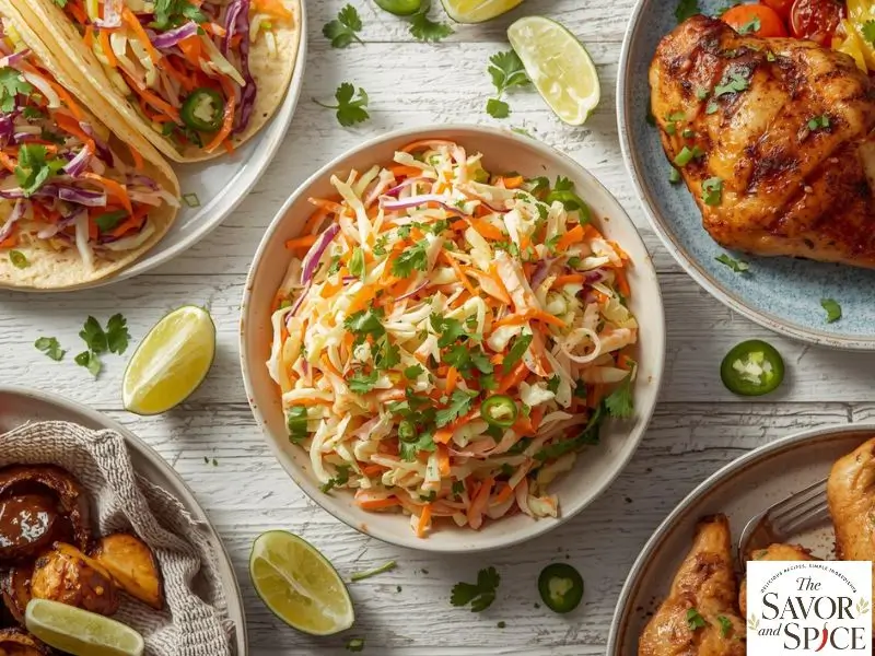Mexican Coleslaw served with tacos, chicken, and lime wedges.