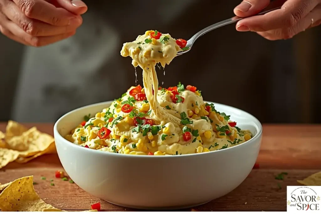 bowl of creamy corn dip with cream cheese, garnished with fresh coriander.
