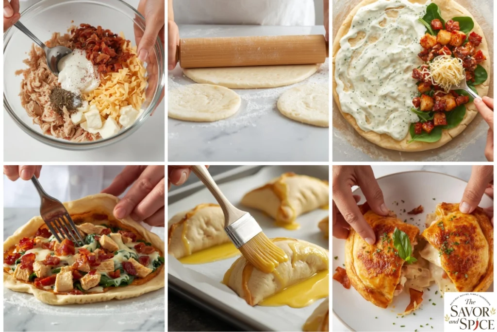 Step-by-step Chicken Bacon Ranch Calzone preparation process.