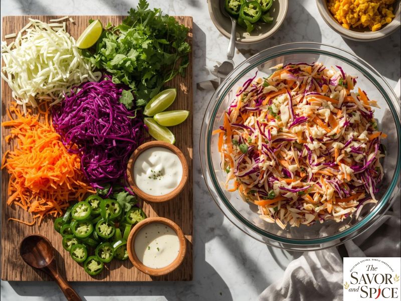 Freshly prepared Mexican Coleslaw with shredded cabbage, carrots, and jalapenos served with creamy lime dressing.