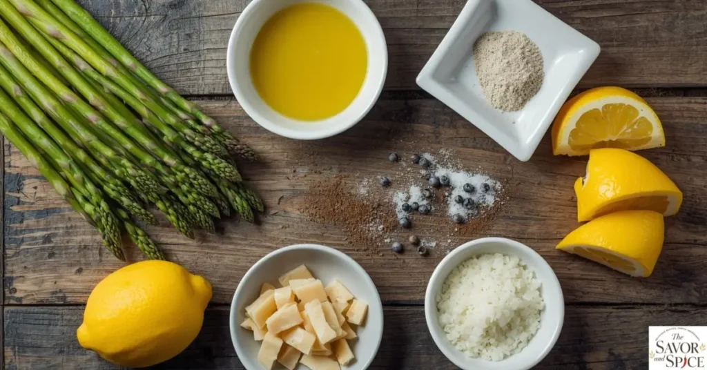 Fresh ingredients for a healthy air fryer asparagus recipe, including asparagus spears, olive oil, garlic powder, lemon wedges, salt, pepper, and Parmesan cheese.