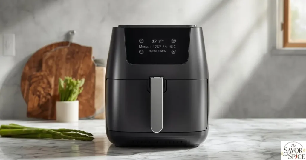 Air fryer preheating on a clean kitchen countertop at 375°F with digital display glowing, ready for cooking crispy  air fryer asparagus.