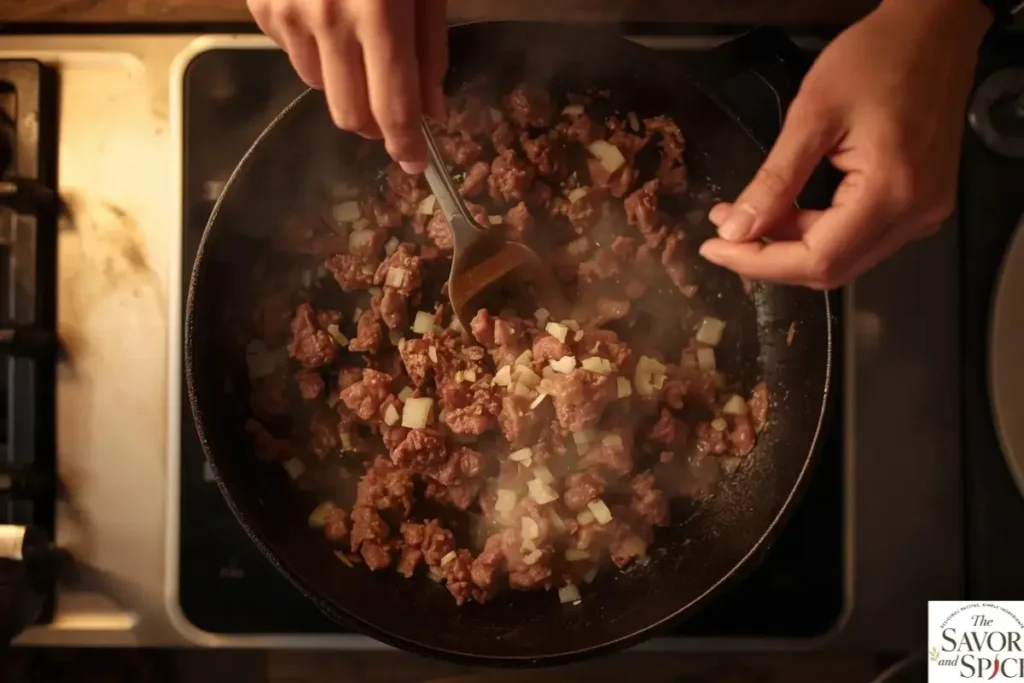 Brown the beef and onions to make hamburger tater tot casserole.