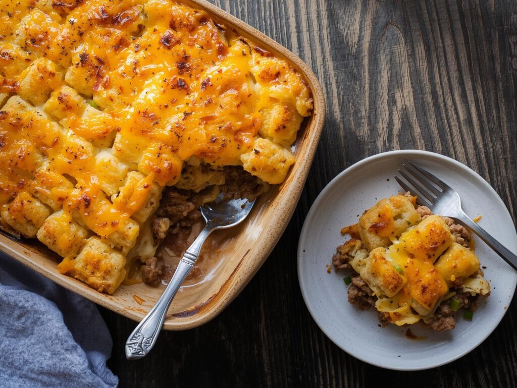 Cheesy, golden, and irresistible One-Pot Hamburger Tater Tot Casserole.