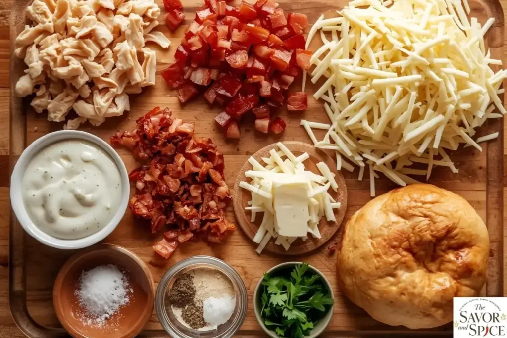 Chicken Bacon Ranch Bake Recipe ingredients - dough, bacon, cheese, ranch, chicken