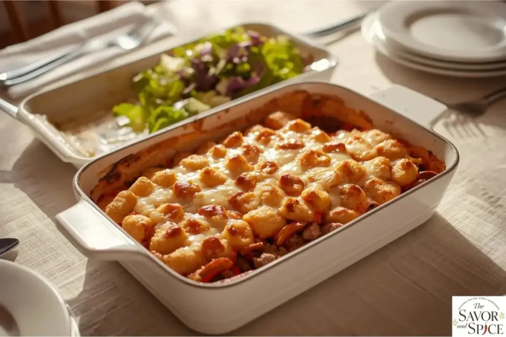 Crispy & Creamy Tater Tot Casserole served hot and bubbly in a white skillet on a dining table, paired with a fresh green salad, ready for family-style  dinner serving.