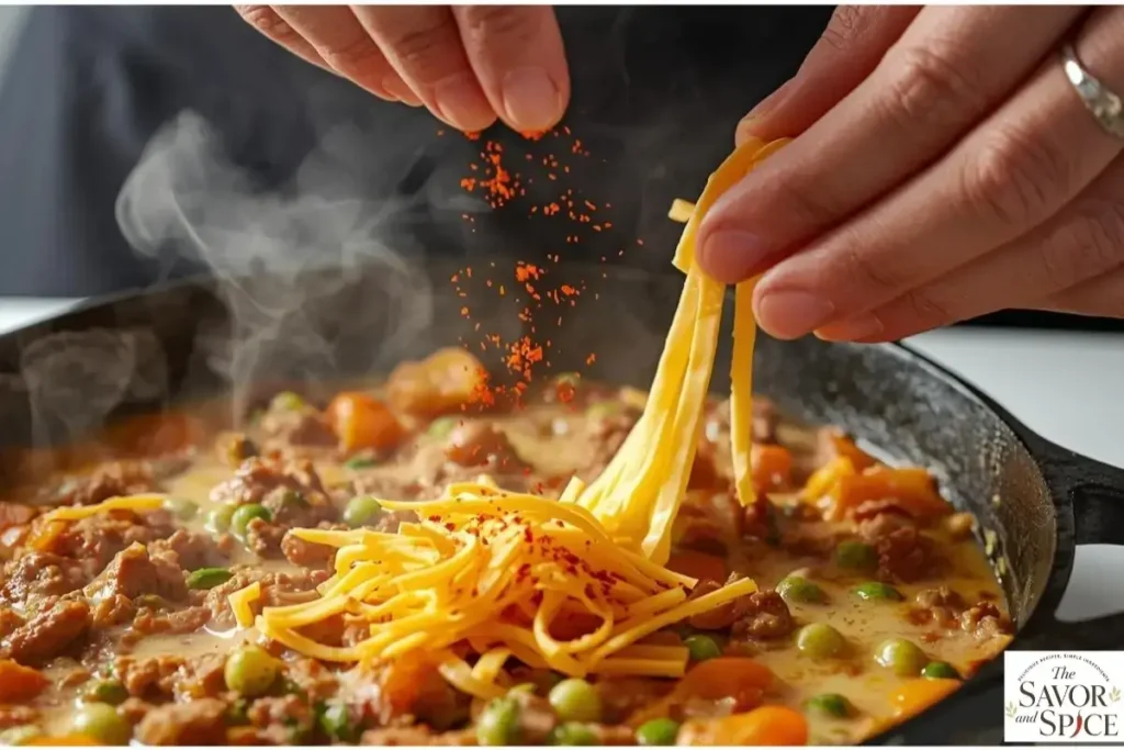 Fold in cheese and seasonings in the hamburger tater tot casserole recipe.