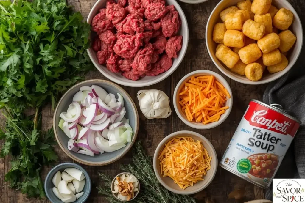 Ingredients needed for our Cheesy One-Pot Hamburger Tater Tot Casserole.