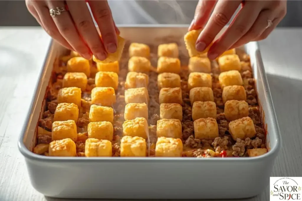 Layer the casserole with tater tots to make healthy hamburger tater tot casserole.