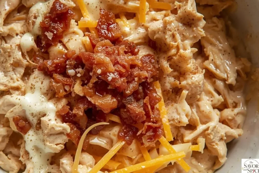 Mixing shredded chicken, crispy bacon, ranch dressing, and shredded cheeses in a bowl for a Homemade chicken ranch calzone recipe.