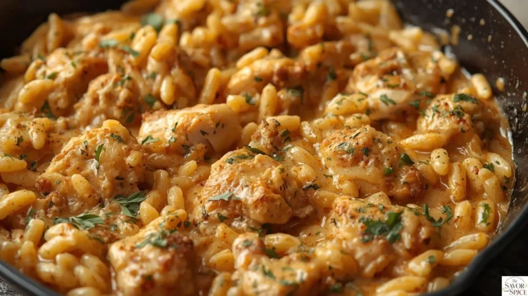 Creamy Cajun chicken orzo in a rustic skillet with tender chicken pieces and parmesan-coated orzo pasta in a rich, spicy sauce