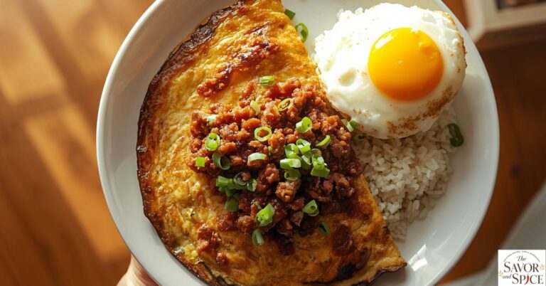 Golden-brown roasted and flattened tortang talong with giniling - eggplant omelet topped with cooked ground pork, garnished with green onions, served with garlic rice and a sunny-side-up egg on a white plate, Filipino breakfast.