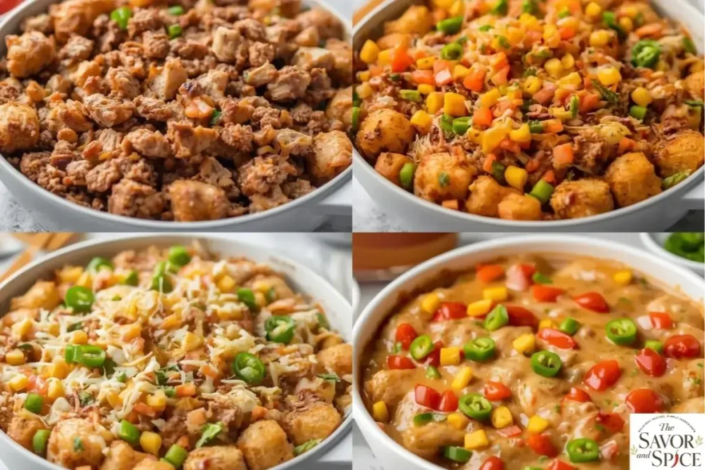 Collage of One-Pot Tater Tot Casserole variations: lean turkey or chicken, veggie-loaded with peas and bell peppers, cheesy with melted cheddar and mozzarella, and spicy with jalapeños. All served in white skillets, golden and bubbly.