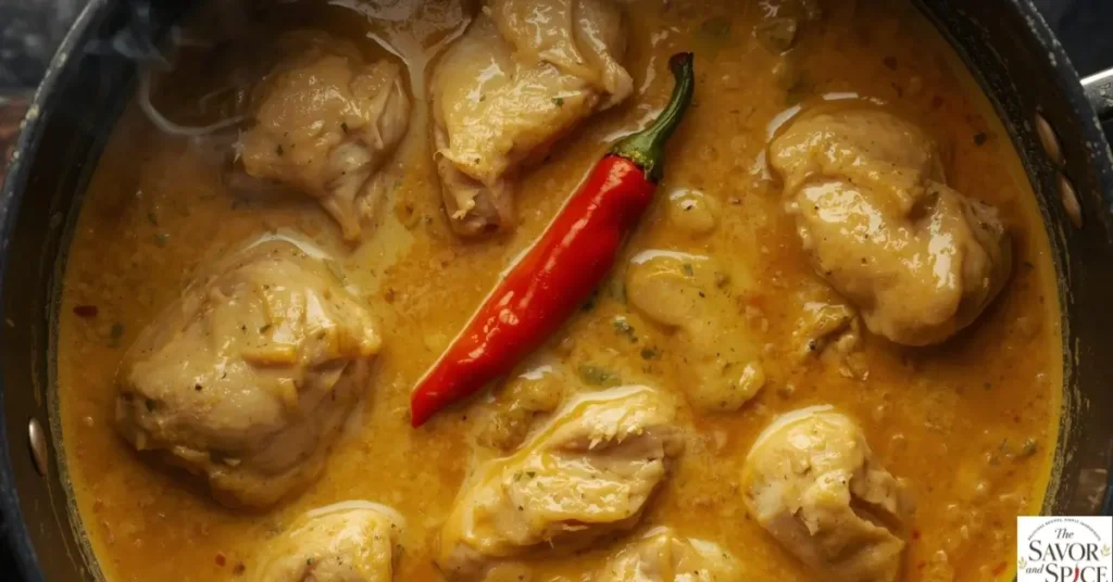Chicken pieces simmering in a golden, spiced curry sauce in a large pot. Steam rises as the sauce thickens and the flavors meld together. A Scotch bonnet pepper floats in the sauce, adding a hint of heat.