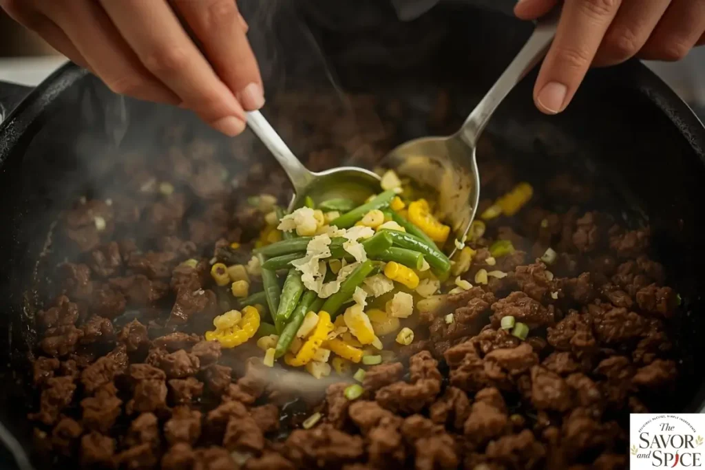 Add garlic and optional veggies to sautéed onion and beef for making hamburger tater tot casserole.