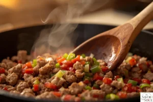 adding onion and tomatoes in cooked ground turkey.