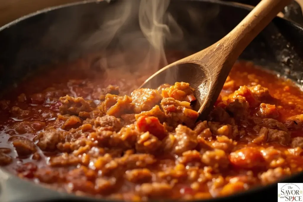 Ground turkey in a skillet mixed with tomato sauce and a splash of vinegar, rich red color with steam rising, wooden spoon stirring the saucy mixture in warm kitchen light.