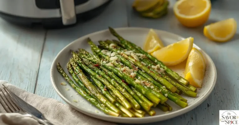 Crispy air fryer asparagus recipe-served on a white plate with lemon wedges and a sprinkle of Parmesan cheese, fresh and golden-tipped.