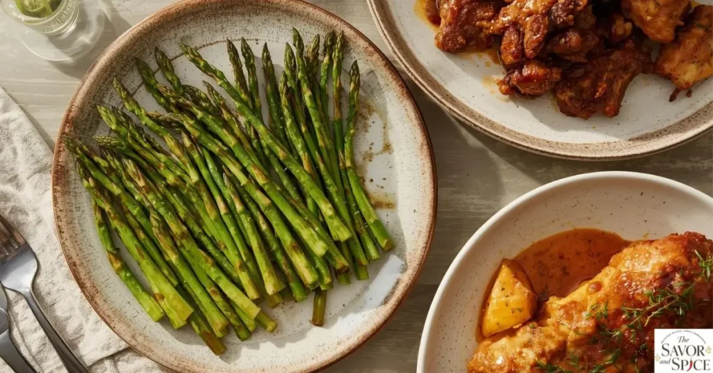 Plated air fryer asparagus recipe served alongside Jamaican Curry Chicken and tender Pot Roast, a healthy and flavorful dinner combination.