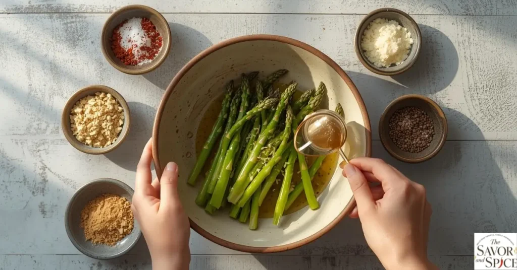 Fresh asparagus spears being tossed with olive oil, garlic powder, salt, and pepper, ready for air fryer cooking.