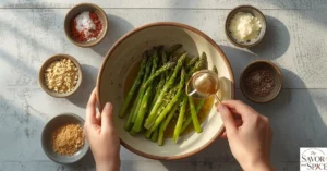 Top-down view of fresh asparagus being trimmed on a cutting board, showing hands preparing the spears for cooking. Small bowls of seasonings like olive oil, garlic powder, salt, and pepper are visible nearby, highlighting the preparation process for a healthy, crispy side dish.