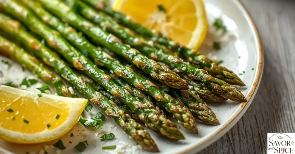 Plated, fully cooked air fryer asparagus recipe, golden-tipped and garnished with lemon wedges and Parmesan cheese.