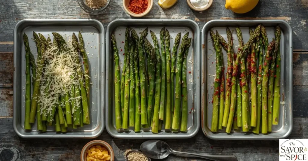  variations of cooked air fryer asparagus recipe: classic with garlic and Parmesan, zesty with lemon, spicy with red chili flakes, and gourmet with balsamic glaze.