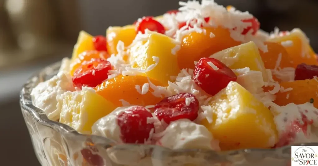 A close-up shot of creamy Ambrosia Salad topped with cherries and coconut flakes in a glass bowl.