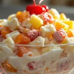 Colorful Ambrosia Salad served in a white bowl with cherries, marshmallows, and creamy whipped topping.