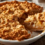 Golden homemade apple pie with crispy crumble topping, one slice cut out to reveal juicy apple filling on a rustic wooden table.