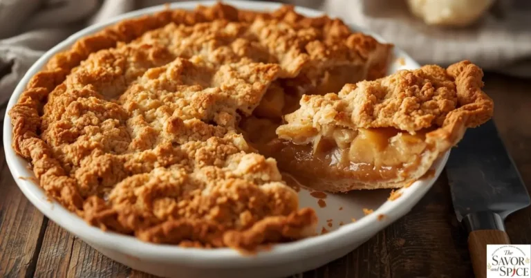 Golden homemade apple pie with crispy crumble topping, one slice cut out to reveal juicy apple filling on a rustic wooden table.