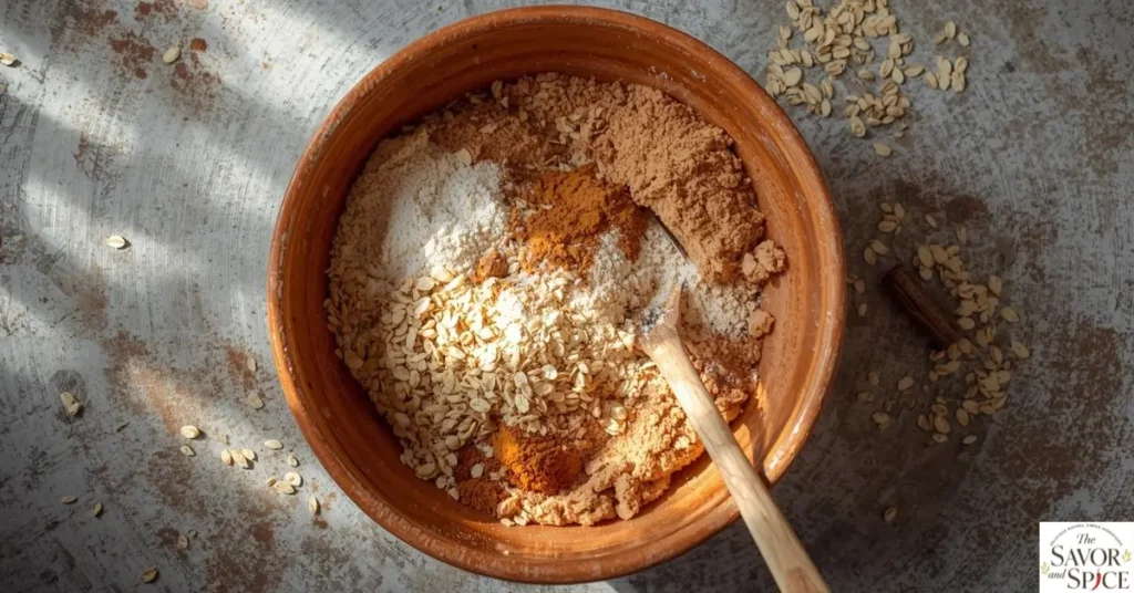 Mixing bowl with flour, sugar, oats, and spices for homemade apple pie crumble topping, being combined with a spoon on a wooden surface.
