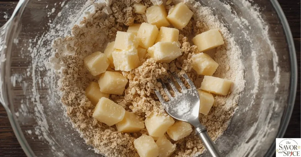 Cold butter cubes being cut into flour, sugar, and oats in a mixing bowl for homemade apple pie crumble topping, forming a crumbly texture.