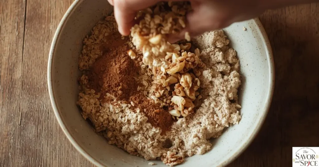 Chopped nuts, cinnamon, and oats being added to the crumble mixture in a mixing bowl for homemade apple pie crumble topping.