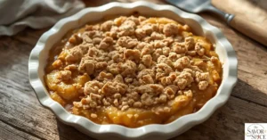 Apple pie filling in a 9-inch pie pan with homemade crumble topping sprinkled on top, some clusters pressed for a rustic look.
