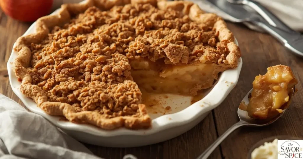 Homemade apple pie in a 9-inch pan with crumble topping sprinkled over the apple filling, showing some clusters pressed for a rustic look.
