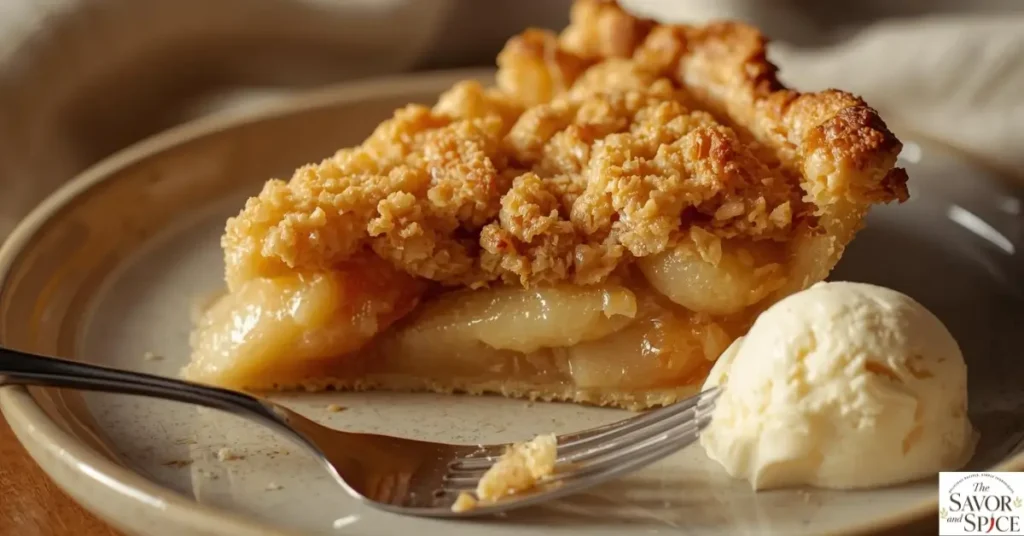 Slice of homemade apple pie with golden crumble topping, showing juicy apple filling and crispy buttery texture on a plate with a fork.
