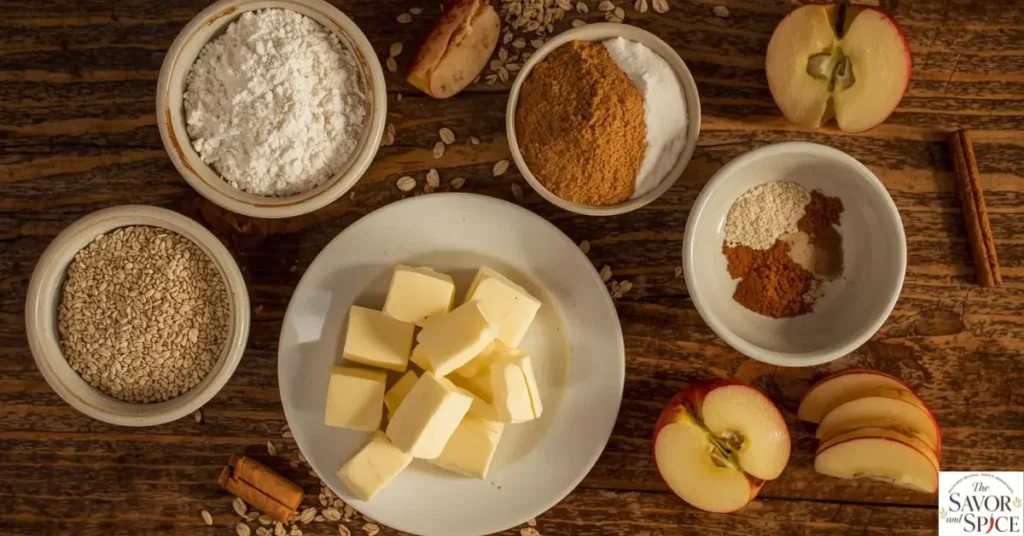 Top-down view of ingredients for homemade apple pie crumble topping, including flour, sugar, oats, spices, butter, and sliced apples on a wooden surface.