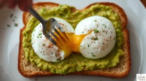 Assemble mashed avocadoes and poached eggs to make avocado toast with poached eggs.