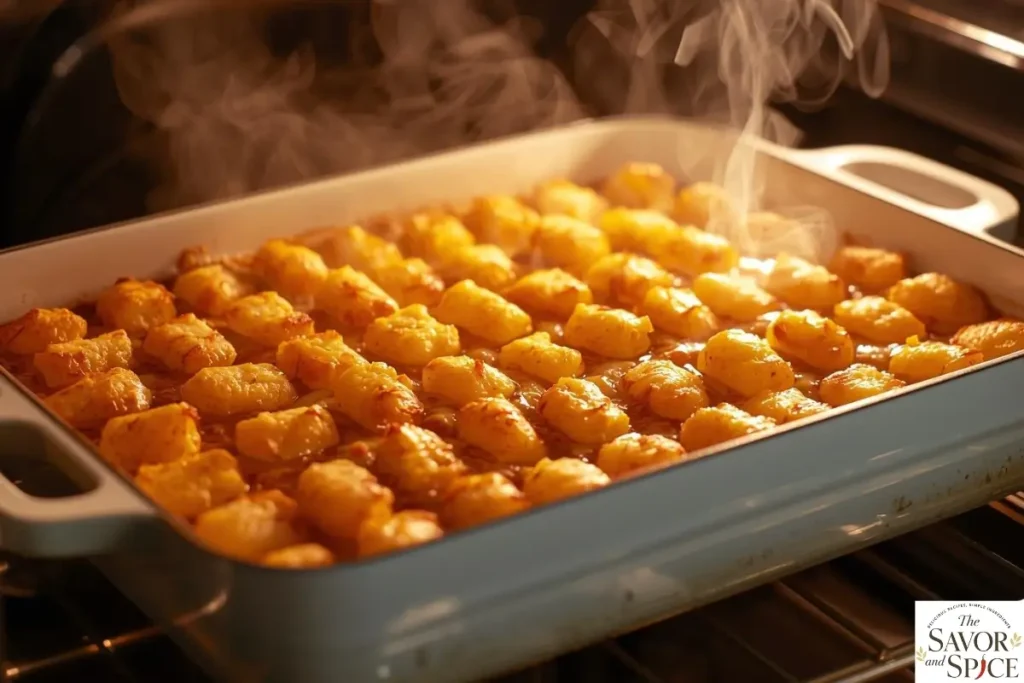 Bake hamburger tater tot casserole to golden perfection.
