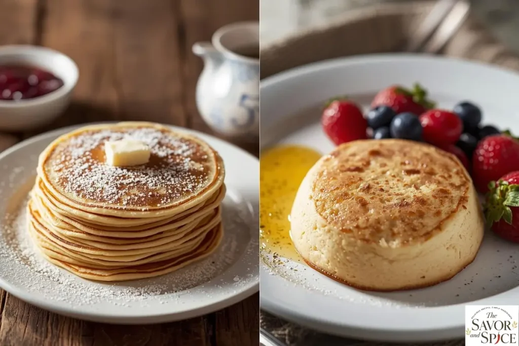 Side-by-side comparison of Russian pancakes: blini on the left and Syrniki on the right, served on white plates